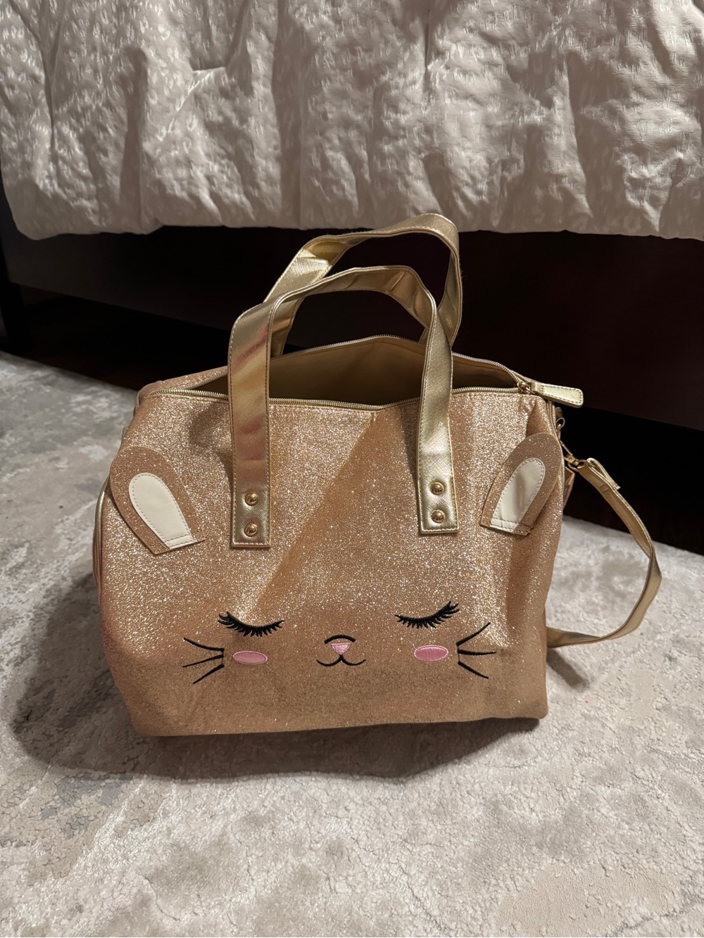 Gold Glitter Cat Tote Bag with Removable Strap